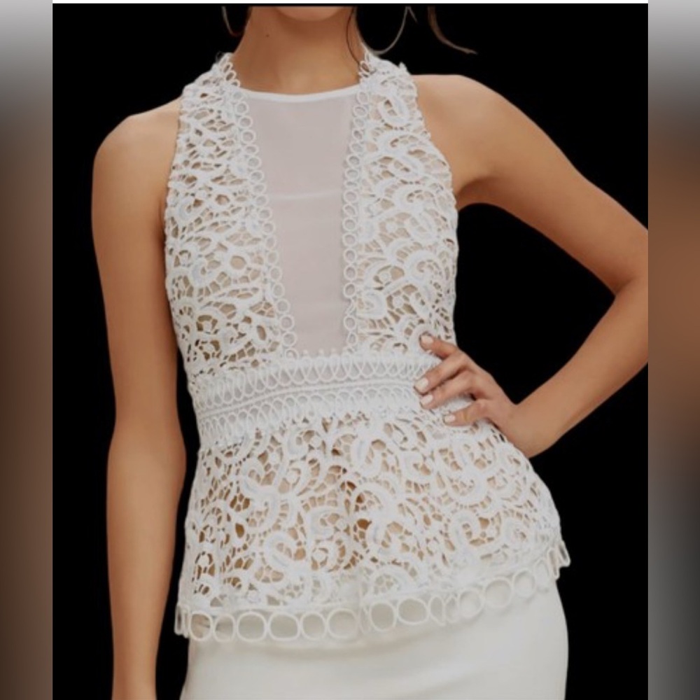 White Beautiful Sleeveless Lace Peplum Blouse - Picture 10 of 15